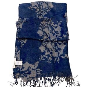 NWOT Coldwater Creek Indigo Blue Botanical Linen Viscose Scarf w/ Fringe
